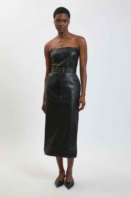 Faux Leather Belted Bandeau Midi Dress - Image 1