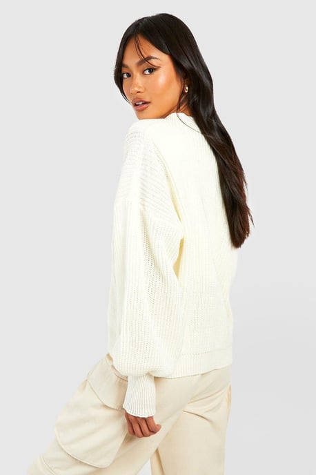 Balloon Sleeve Button Through Rib Cardigan - Image 2