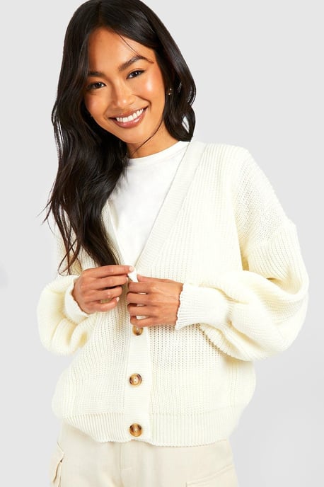 Balloon Sleeve Button Through Rib Cardigan - Image 4