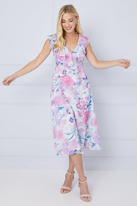 Petite Floral Dobby Ruffle Midi Dress - Image 1