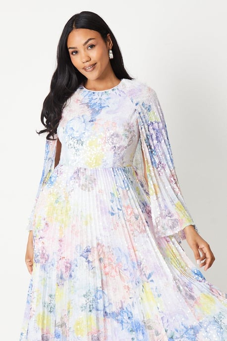 Sequin Pleated Cape Detail Midi Dress - Image 2