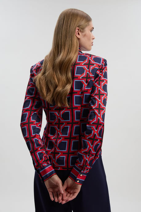 Geo Print Hammered Satin Tie Waist Woven Shirt - Image 5