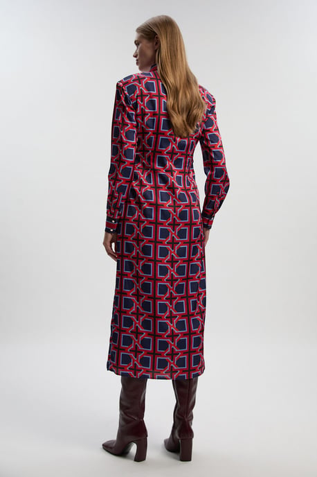 Geo Print Hammered Satin Tie Waist Woven Midi Dress - Image 5