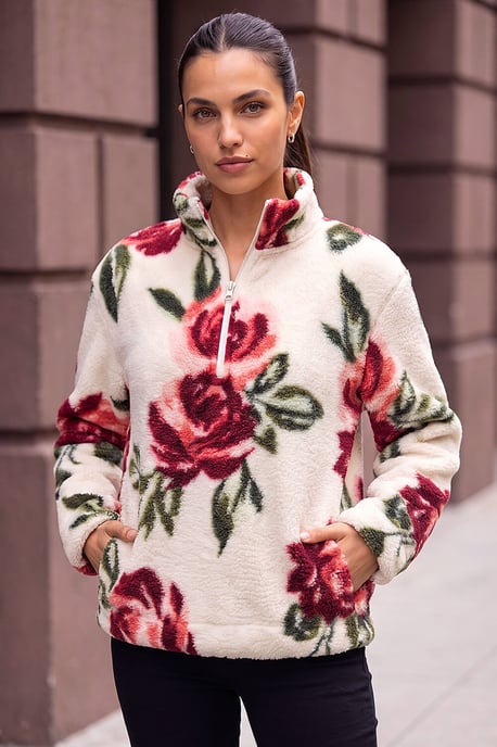 Rose Print Zip Fleece Jacket - Image 1