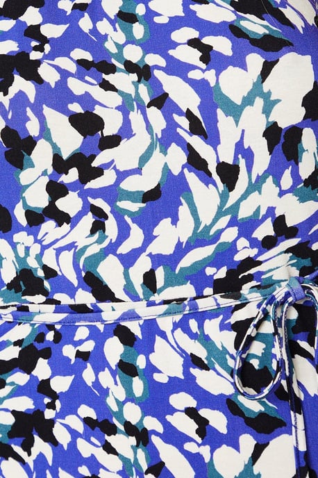 Blue Abstract Puff Sleeve Jersey Midi Dress - Image 5