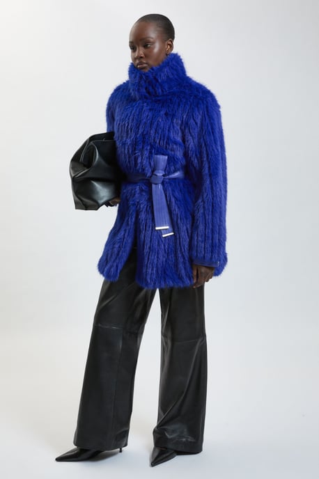 Textured Faux Fur Belted Collar Short Coat - Image 1