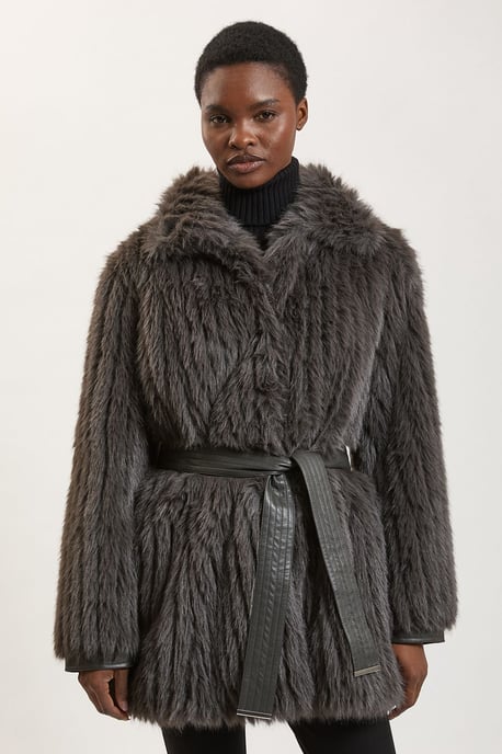 Textured Faux Fur Belted Collar Short Coat - Image 1