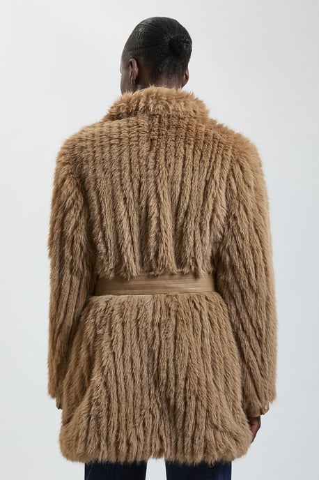 Textured Faux Fur Belted Collar Short Coat - Image 2