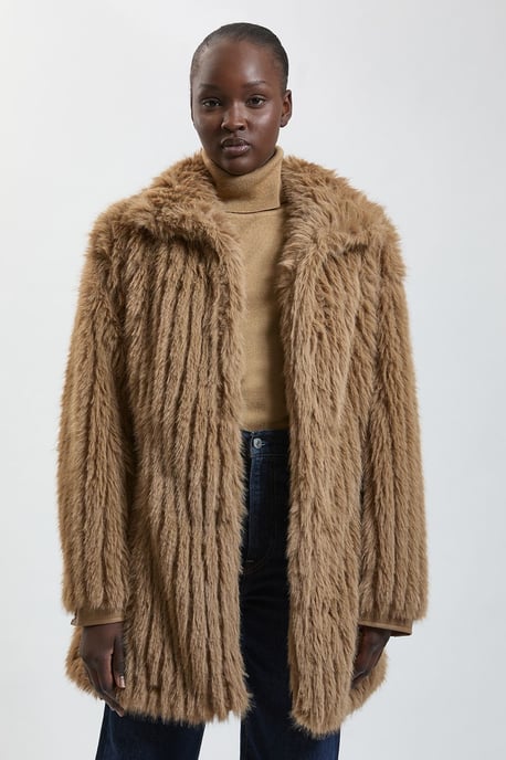 Textured Faux Fur Belted Collar Short Coat - Image 3