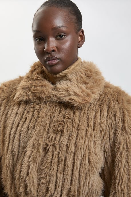 Textured Faux Fur Belted Collar Short Coat - Image 4