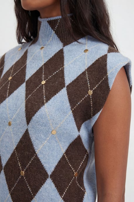 Studded Argyle Wool Blend Cosy Knitted Top - Image 4