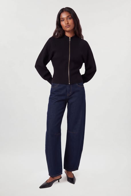 Wool Look Rib Detail Long Sleeve Knitted Bomber - Image 1