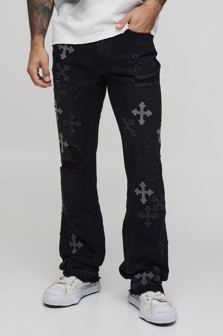 Distressed Applique Gusset Raw Hem Stacked Flared Jeans - Image 1