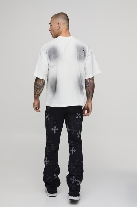 Distressed Applique Gusset Raw Hem Stacked Flared Jeans - Image 2