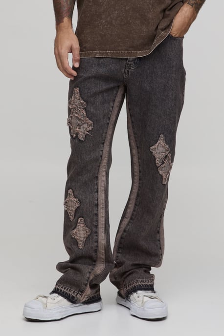 Washed Slim Flare Applique Panel Jeans - Image 1