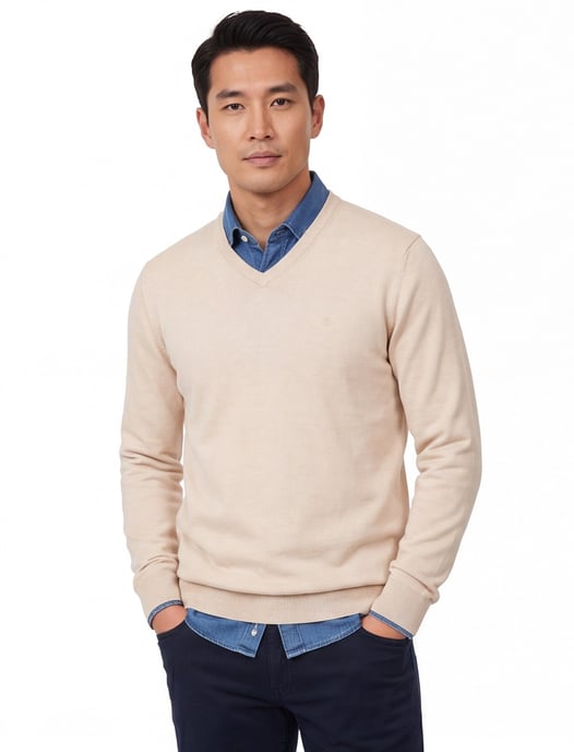 v-hals trui beige Casa Moda gebreid 100% katoen - Image 1
