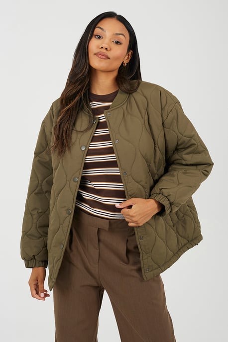 Khaki Oversized Quilted Jacket - Image 1