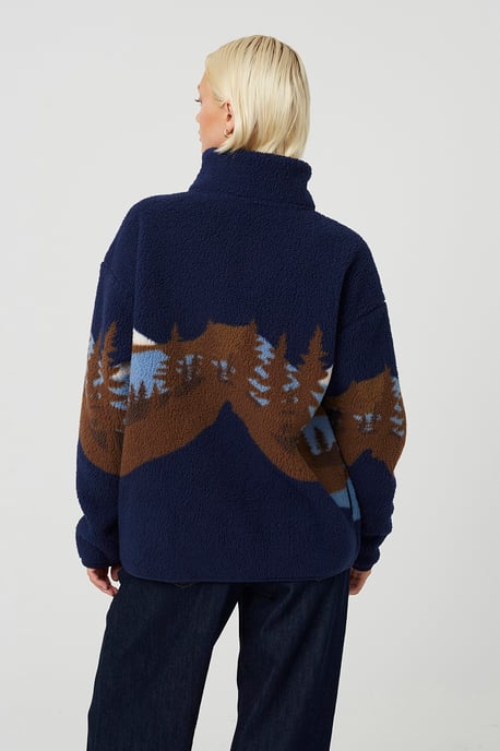 Dark Navy Sherpa Fleece Landscape Print Zip Sweatshirt - Image 2