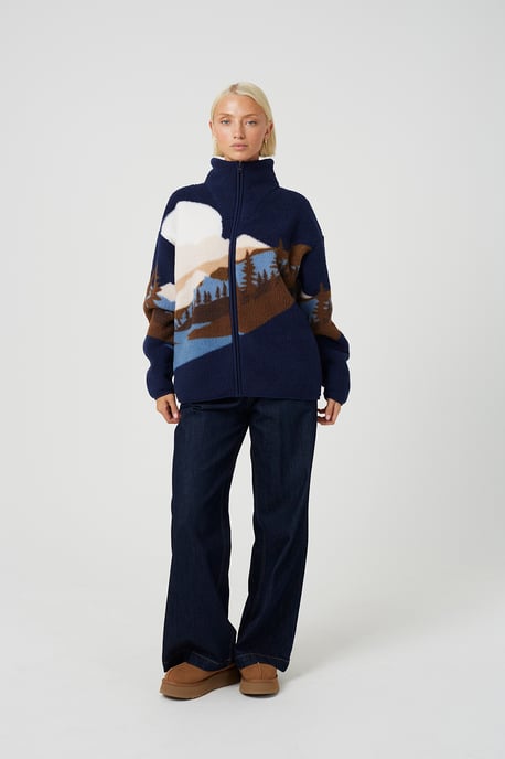 Dark Navy Sherpa Fleece Landscape Print Zip Sweatshirt - Image 3