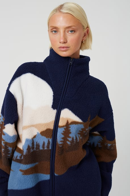 Dark Navy Sherpa Fleece Landscape Print Zip Sweatshirt - Image 4