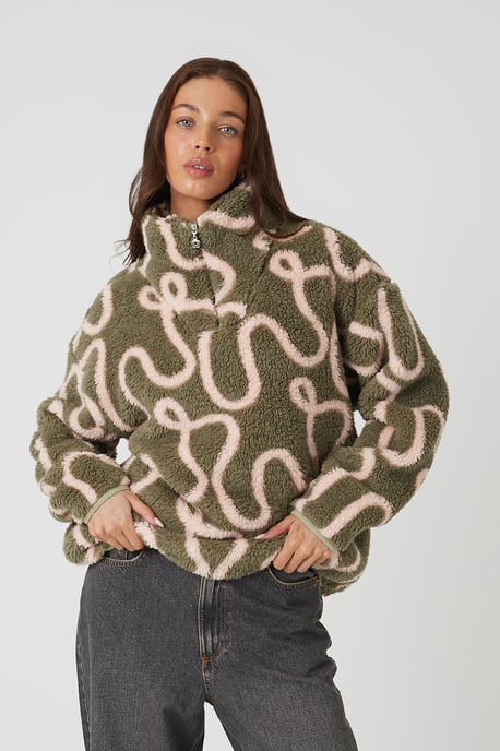 Khaki Sherpa Fleece Squiggle Print Sweatshirt - Image 1