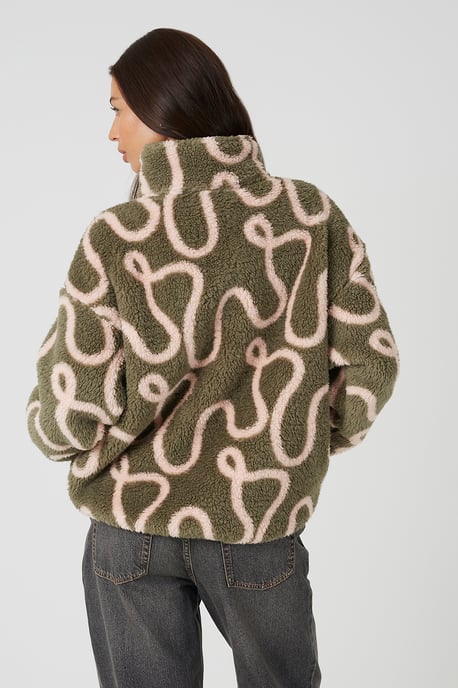 Khaki Sherpa Fleece Squiggle Print Sweatshirt - Image 2