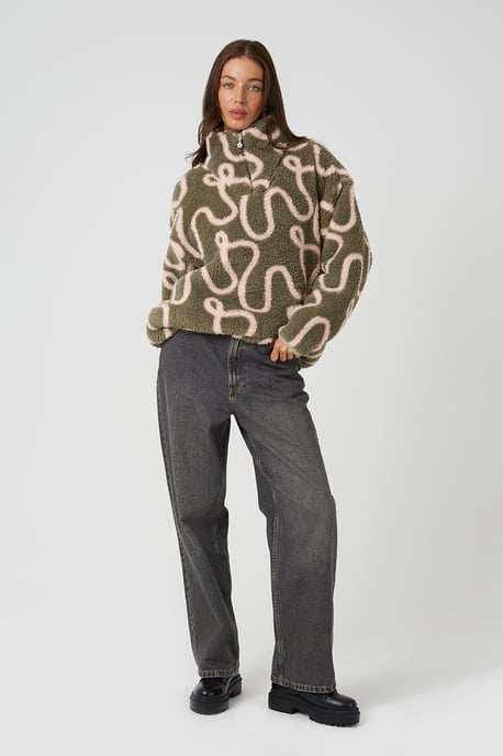 Khaki Sherpa Fleece Squiggle Print Sweatshirt - Image 3