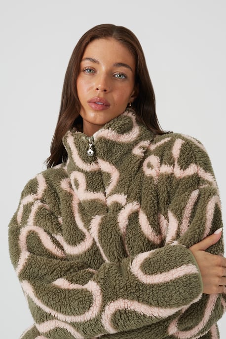 Khaki Sherpa Fleece Squiggle Print Sweatshirt - Image 4