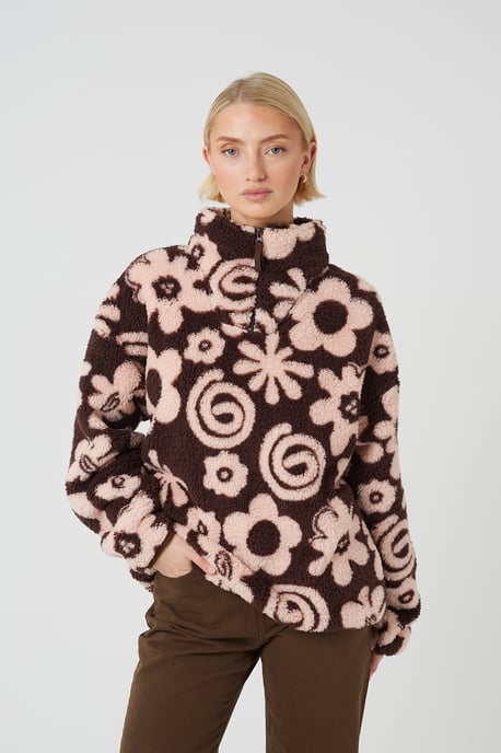 Pink Flower Print Sherpa Fleece Sweatshirt - Image 1