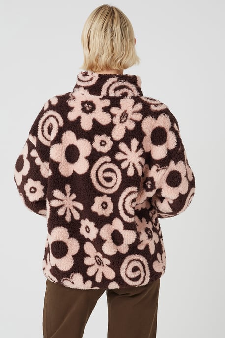 Pink Flower Print Sherpa Fleece Sweatshirt - Image 2
