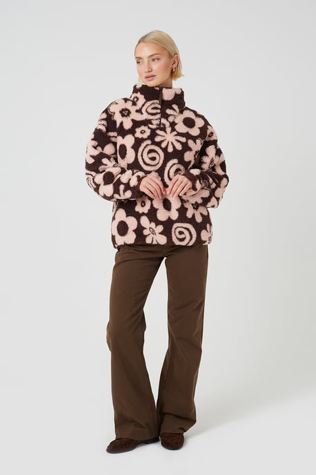Pink Flower Print Sherpa Fleece Sweatshirt - Image 3