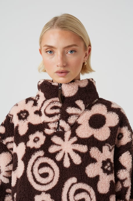 Pink Flower Print Sherpa Fleece Sweatshirt - Image 4