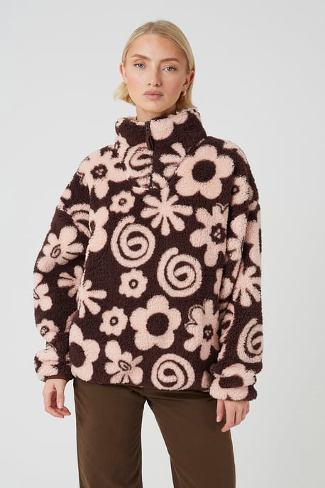 Pink Flower Print Sherpa Fleece Sweatshirt - Image 5