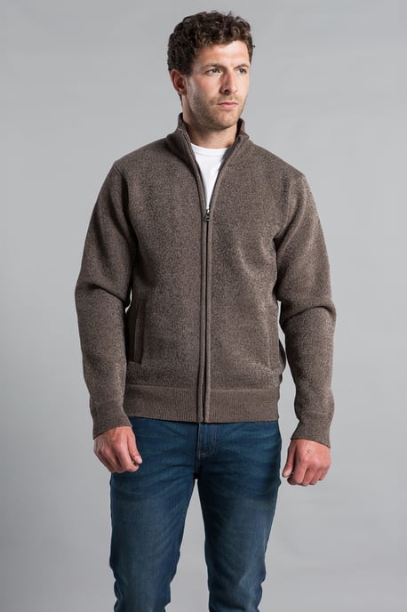 Taupe Full Zip Cardigan With Checked Faux Fur Lining - Image 1