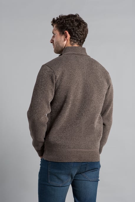Taupe Full Zip Cardigan With Checked Faux Fur Lining - Image 2