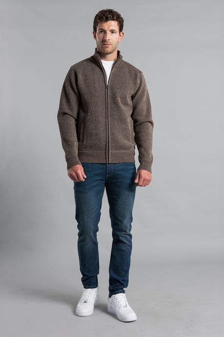 Taupe Full Zip Cardigan With Checked Faux Fur Lining - Image 3