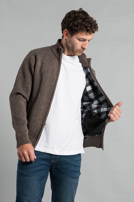 Taupe Full Zip Cardigan With Checked Faux Fur Lining - Image 4