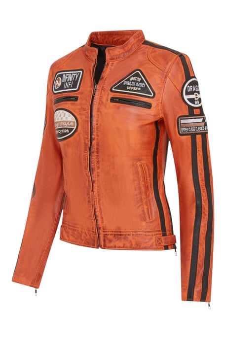 Orange läderjacka med racingmärken för dam – Dalby - Image 4