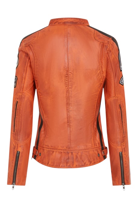 Orange läderjacka med racingmärken för dam – Dalby - Image 5
