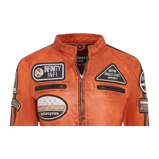 Orange läderjacka med racingmärken för dam – Dalby - Image 6