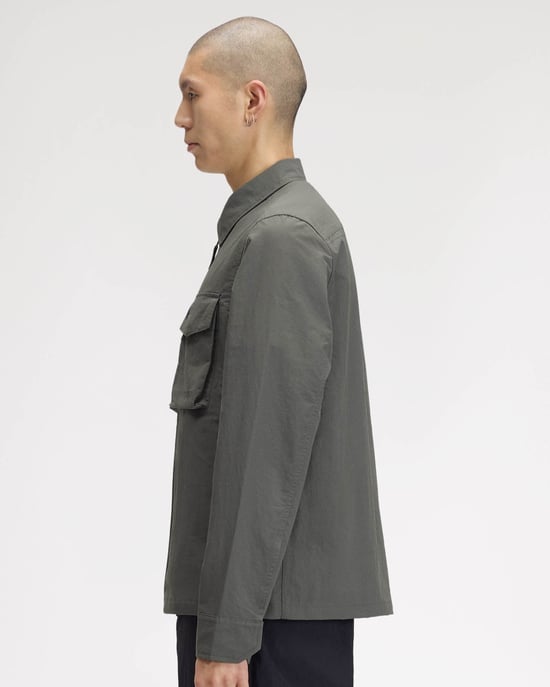 Regular Fit Long Sleeve Logo Detail Overshirt in Olive - Image 2