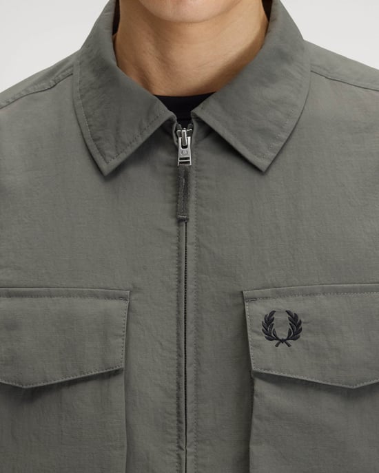 Regular Fit Long Sleeve Logo Detail Overshirt in Olive - Image 3