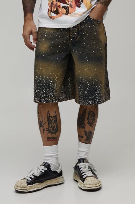 Clustered Rhinestone Tinted Denim Jorts - Image 1