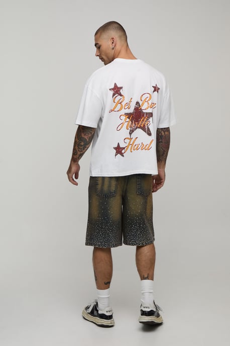 Clustered Rhinestone Tinted Denim Jorts - Image 2