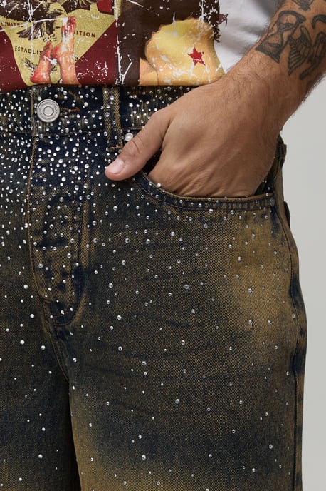 Clustered Rhinestone Tinted Denim Jorts - Image 3