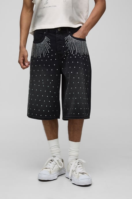 Regular All Over Rhinestone Denim Jorts - Image 1