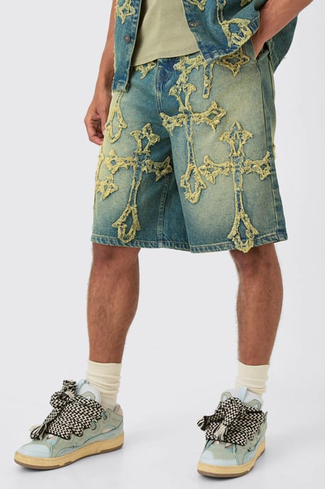 Distressed Cross Applique Denim Jorts In Green - Image 1