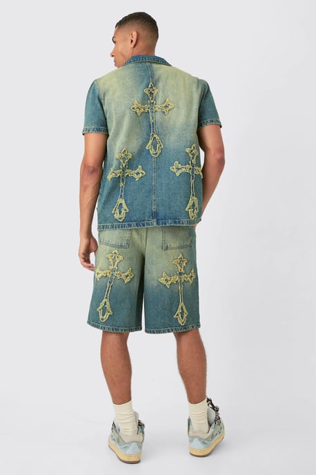 Distressed Cross Applique Denim Jorts In Green - Image 2