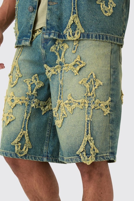 Distressed Cross Applique Denim Jorts In Green - Image 3