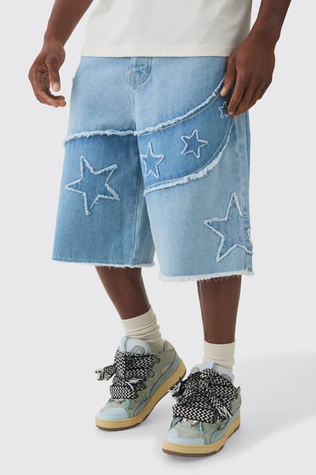 Regular Rigid Star Applique Denim Jorts In Ice Blue - Image 1